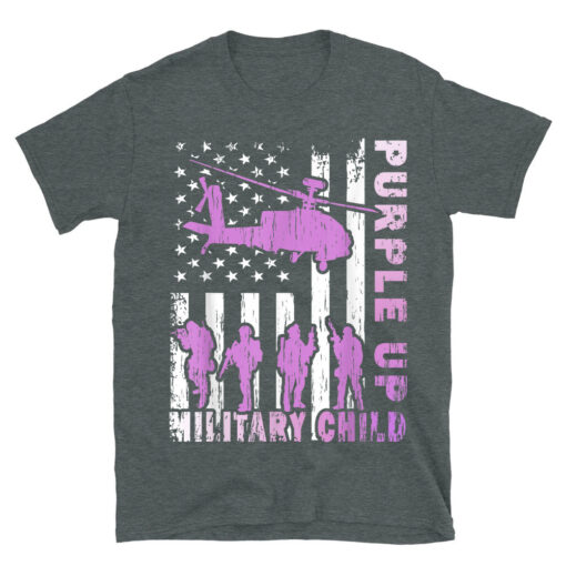 Military Child Shirt Purple Up American Flag Helicopter T-Shirt